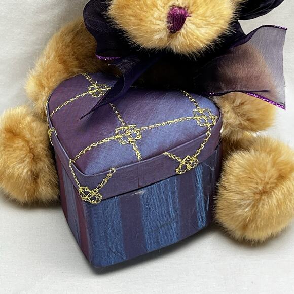 Dan Dee Brown Sitting Teddy Bear Plush Purple Hat Holding Heart Shaped Gift Box - Picture 4 of 13